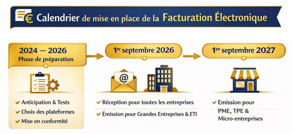 Calendrier de mise en place de la facturation électronique : préparation 2024-2026, réception au 1er septembre 2026, émission pour les TPE-PME au 1er septembre 2027